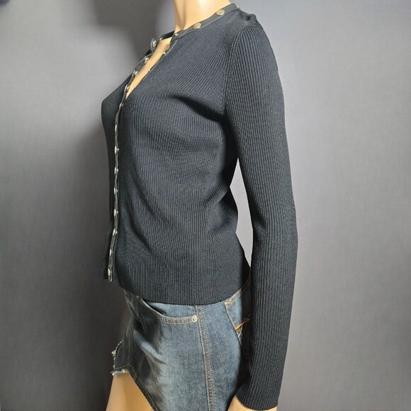 Y2K Black Ribbed Sweater Silver Snap Buttons Leather Trim Size S Gothic Vampy - Picture 5 of 13